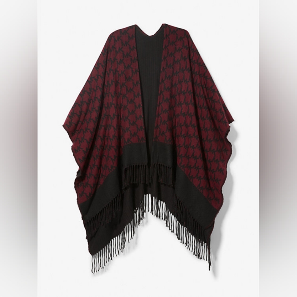 Michael Kors Red and Black Geometric Fringe Wrap